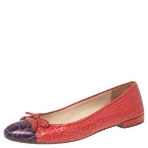 Pre Owned Prada Red/Purple Croc Embossed Leather Bow Ballet Flats Size 37