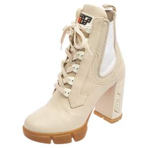 Pre Owned Prada Vanilla Leather and Neoprene Lace Up Combat Platform Boots Size 39