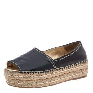 Pre Owned Prada Black Leather Peep Toe Platform Espadrille Flats Size 37.5