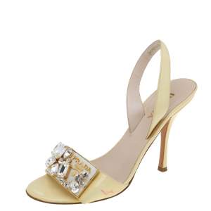 Prada Light Yellow Patent Leather Crystal Studded Bow Slingback Sandals Size 37.5