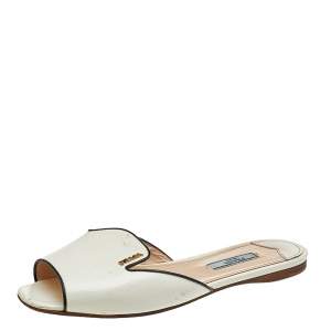 Pre Owned Prada Cream/Black Patent Leather Logo Embellished Flat Slides Size 37.5