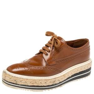 Pre Owned Prada Brown Brogue Leather Espadrille Derby Sneakers Size 37