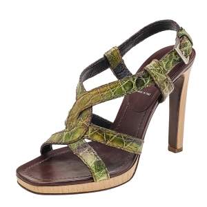 Prada Green Crocodile Slingback Platform Sandals Size 37.5