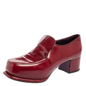 Pre Owned Prada Red Patent Leather Block Heel Loafer Pumps Size 37