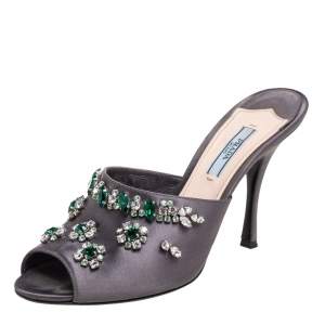 Pre Owned Prada Grey Satin Crystal Embellished Slide Sandals Size 38.5