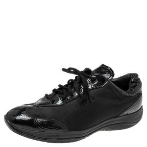 Pre Owned Prada Black Nylon And Patent Leather Low Top Sneakers Size 39