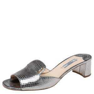 Pre Owned Prada Metallic Grey Snakeskin Embossed Leather Slide Sandals Size 40.5