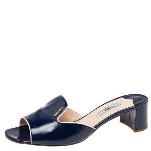 Prada Navy Blue Saffiano Vernice Leather Slide Sandals Size 40