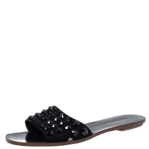 Pre Owned Prada Black Suede Embellished Flat Slides Size 37