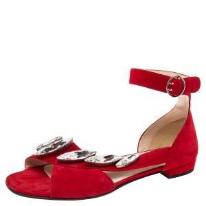Pre Owned Prada Red Suede Crystal Embellished Ankle Strap Flat Sandals Size 37