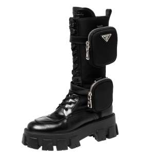 Pre Owned Prada Black Leather and Nylon Monolith Ankle Boots Size 38