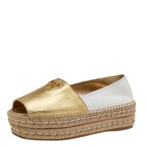 Pre Owned Prada Metallic Gold/White Leather Logo Embellished Platform Espadrille Flats Size 35