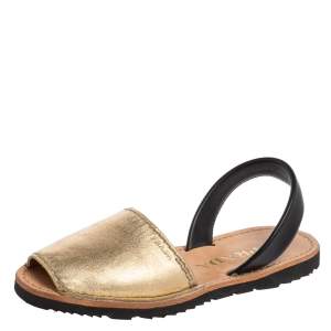 Pre Owned Prada Metallic Gold/Black Leather Slingback Flat Sandals Size 37