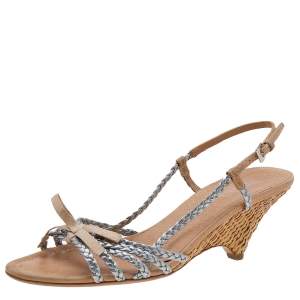 Prada Silver/Beige Braided Leather Bow Slingback Wedge Sandals Size 40