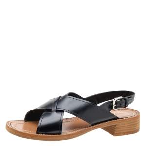 Pre Owned Prada Black Leather Cross Strap Sandals Size 37