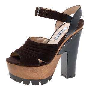 Prada Brown/Black Suede and Leather Ankle Strap Platform Sandals Size 36.5