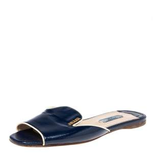 Pre Owned Prada Navy Blue Saffiano Patent Leather Slide Flat Sandals Size 36