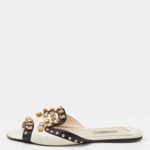 Pre Owned Prada White/Black Saffiano Leather Crystal Embellished Flat Slides Size 38