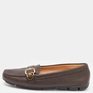 Pre Owned Prada Dark Brown Leather Buckle Slip On Loafers Size 37.5