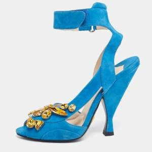 Pre Owned Prada Blue Suede Crystal-Embellished Ankle Cuff Sandals Size 37