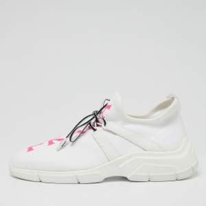 Pre Owned Prada White Knit Fabric Logo Embroidered  Lace Up Sneakers Size 39