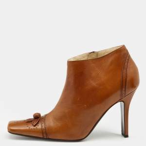 Pre Owned Prada Brown Leather Square Toe Ankle Boots Size 38.5