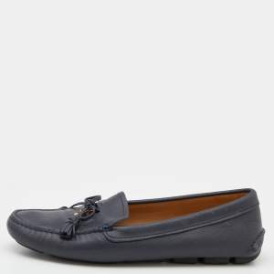 Pre Owned Prada Blue Leather Bow Slip On Loafers Size 38