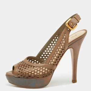 Prada Tortilla Leather Laser Cut Slingback Sandals Size 36