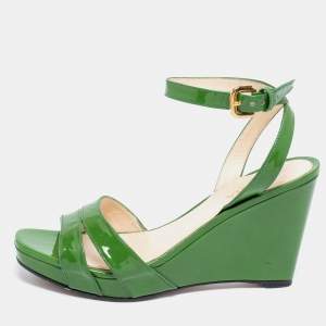 Pre Owned Prada Green Patent Leather Ankle-Strap Wedge Sandals Size 37