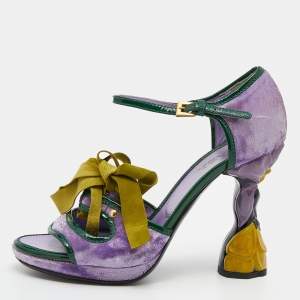 Prada Purple/Green Velvet And Patent Leather Floral Heel Ankle Strap Sandals Size 36