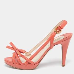 Pre Owned Prada  Orange Patent Leather Bow Slingback Sandals Size 39.5