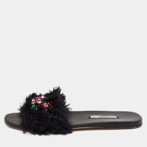 Pre Owned Prada Black Crystal Embellished Faux Fur Flat Slides Size 37.5