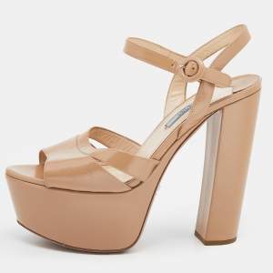 Prada Beige Saffiano Patent Leather Ankle Strap Block Heel Platform Sandals Size 38.5