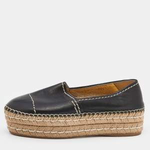 Pre Owned Prada Black Leather Platform Espadrille Flats Size 36.5