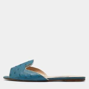 Prada Blue Ostrich Leather Flat Sandals Size 41