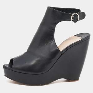 Prada Black Leather Peep Toe Wedge Platform Sandals Size 39