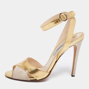 Pre Owned Prada Gold/Grey Suede And Leather Ankle Sandals Size 35.5