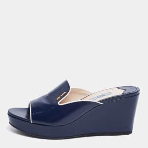 Pre Owned Prada Navy Blue Saffiano Patent Leather Wedge Slide Sandal Size 39.5