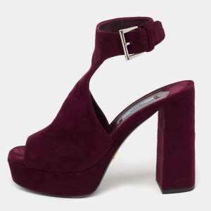 Pre Owned Prada Plum Cut-Out Suede Ankle-Strap Platform Sandals Size 38