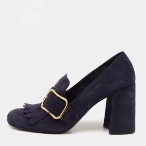 Pre Owned Prada Navy Blue Suede Fringed Pumps Size 39  