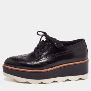 Prada Black Brogue Patent Leather Wave Wingtip Platform Derby Sneakers Size 38.5