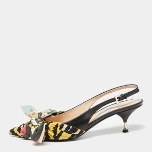 Pre Owned Prada Multicolor Leather and Printed Fabric Bow Pointed-Toe Slingback Sandals Size 39.5