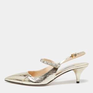 مملوكة مسبقًا Prada Gold Snakeskin Leather Crystal Embellished Slingback Pointed-Toe Pumps Size 39