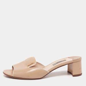 Pre Owned Prada Beige Saffiano Leather Block Heel Slide Sandals Size 39