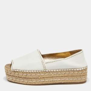 Pre Owned Prada White Leather Peep Toe Platform Espadrille Flats Size 39