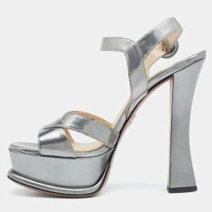 Pre Owned Prada Grey Patent Leather Platform Ankle Strap Sandals Size 38