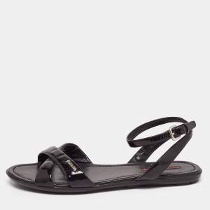 Pre Owned Prada Black Patent Leather Strappy Ankle Strap Flat Sandals Size 38.5