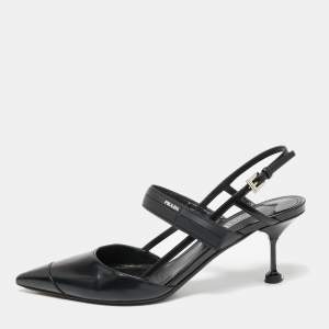 Pre Owned Prada Black Leather And Rubber Pointed Toe Slingback Sandals Size 37