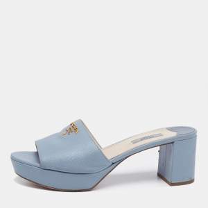Pre Owned Prada Blue Saffiano Leather Block Heel Slide Sandals Size 41