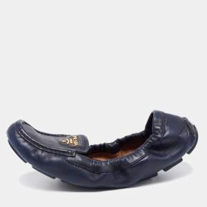 Pre Owned Prada Navy Blue Leather Scrunch Loafers Size 37.5